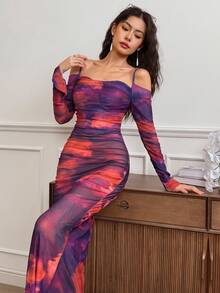 EastFlair 女士时尚性感扎染印花露肩细肩带连衣裙 - 彩色 - 查看 3