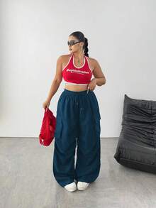 SHEIN Tall Quần túi hộp rộng rãi màu trơn cỡ lớn - Màu xanh hải quân - Xem 5