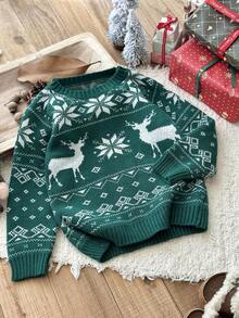 SHEIN 4pcs Young Boy Green Deer Intarsia Christmas Pattern Thick Loose Pullover Sweater, Suitable For Christmas Family Matching Outfits Mommy And Me (Sold Separately) Autumn Winter Clothes FGirlmen - Green - View 6