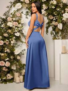 SHEIN Belle 女士纯色侧开衩下摆优雅细肩带伴娘礼服（成人款） - 霧霾藍 - 查看 5