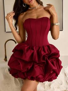 Vowa Elegant Brown Minimalist Strapless Mermaid Hem Puff Skirt With Waist Tie, Suitable For Dates, Vacations, Birthdays, Parties, Graduations, Proms - Burgundy - View 3