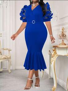 Hourglow 2025 New Spring And Summer Royal Blue Elegant Commuting Office Wedding Cocktail Party Concert/Music Festival Navy Blue Knitted Overlap Collar Mermaid Belted Midi Short Sleeve Plus Size Dresses Party Dress New Year Dress New Year Women New Year Women's Outfit Going Out Dress Going Out Outfits Going Out Outfit Elegant Dress For Women Elegant Dress Elegant Party Dresses, For Hourglass Body Shape - Royal Blue - View 6