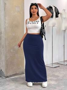 SHEIN EZwear Navy Blue Plus Size Maxi Pencil Skirt Dark Blue Skirt Blue Maxi Skirt - Navy Blue - View 5