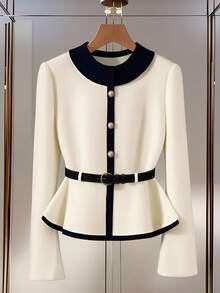 GlowEve 女士时尚通勤休闲圆领单排扣修身开衫配腰带，适合圣诞节、新年、感恩节礼物、秋冬季