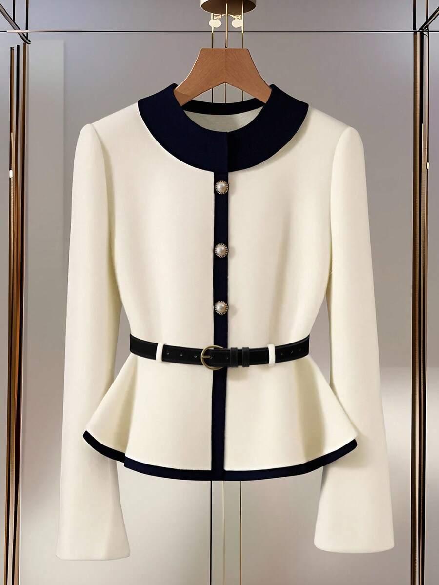 GlowEve 女士时尚通勤休闲圆领单排扣修身开衫配腰带，适合圣诞节、新年、感恩节礼物、秋冬季