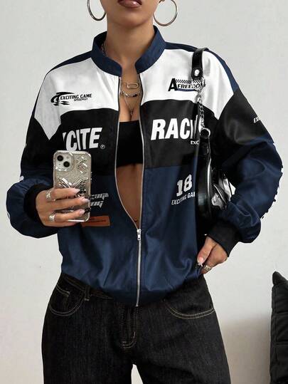 SHEIN PETITE Bokstavtryck Kontrastfärgad Bomberjacka med nedhängd axel för nyårskläder