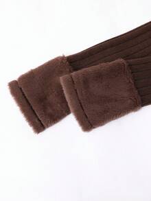 SHEIN Sparklyn 2pcs Vintage Casual Set: Fitted Striped Lapel Fuzzy Long Sleeve Button-Up Cardigan Top And Solid Color Flare Pants For Teen Girls, Fall, Fall Outfits - Brown - View 6