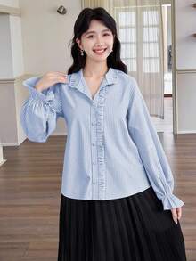 SHEIN Teen Girls Ruffled Collar Lantern Sleeve Casual Versatile Blue Shirt, Elegant Palace Style Blue Shirt Fall Winter - Blue and White - View 5