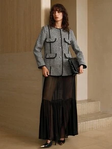 Arave Women's Woven Tweed Fabric Small Round Neck Straight Shoulders Long Sleeves Short Straight Cut Tassel Lace Decoration Design Black Edge Contrast Design Daily Casual Regular Jacket Fall Clothes For Women