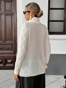 Chiquease 女士休闲纯色高领菱形针织长袖毛衣，秋冬 - 白色 - 查看 2