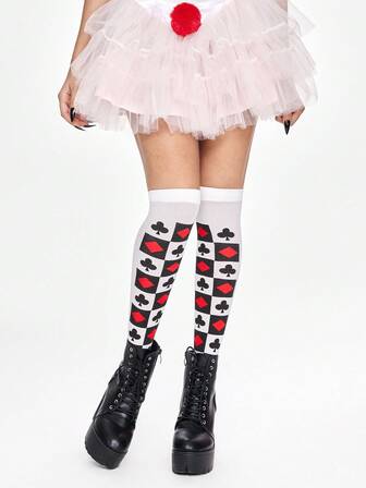 Grunge Punk 1 par de calcetines por encima de la rodilla con diseño de naipes, calcetines por encima del muslo de estilo escolar con contraste de color, estilo Y2K, medias transparentes elásticas ultra finas para Halloween
