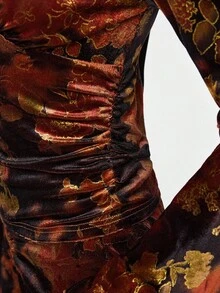 ROMWE EDITION Damen Vintage Blumen Allover-Muster Kontrast Spitze Glockenärmel V-Ausschnitt figurbetontes Samt Top, Halloween Hexen Thema, Herbst/Winter - Verschiedenfarbig - Übersicht 8