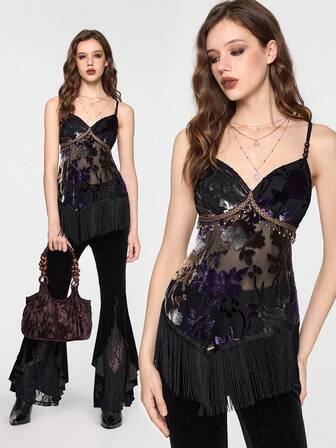 Parte superior de tirantes con decoración de cadena con cuentas, bajo asimétrico con flecos y estampado de quemado de terciopelo en estilo retro hippie y misterioso de bruja para mujer