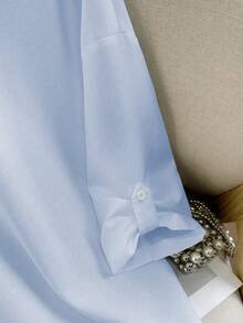 Franclia 女士常规白衬衫，带假吊带，露肩中袖二合一，优雅休闲通勤时尚派对商务百搭 - 藍色 - 查看 5