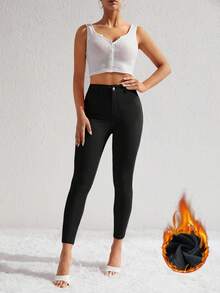 SHEIN ICON 女式高腰紧身休闲百搭牛仔裤 - 黑色 - 查看 5