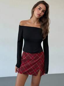 Aloruh 女士百搭百搭万圣节和圣诞节红色格子优雅A字迷你裙 - 紅色 - 查看 3