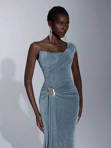 Elitara Elegant, Romantic, Sexy, Minimalist, Yellow-Green-Brown, Knitted Stretchy Fabric, Fishbone, Bust Cup, Fishtail Skirt Hem, Trailing, Fashionable, Influencer, Festival, Vacation, Birthday Party, Wedding Event, Formal Gala Dress - Dusty Blue - View 4