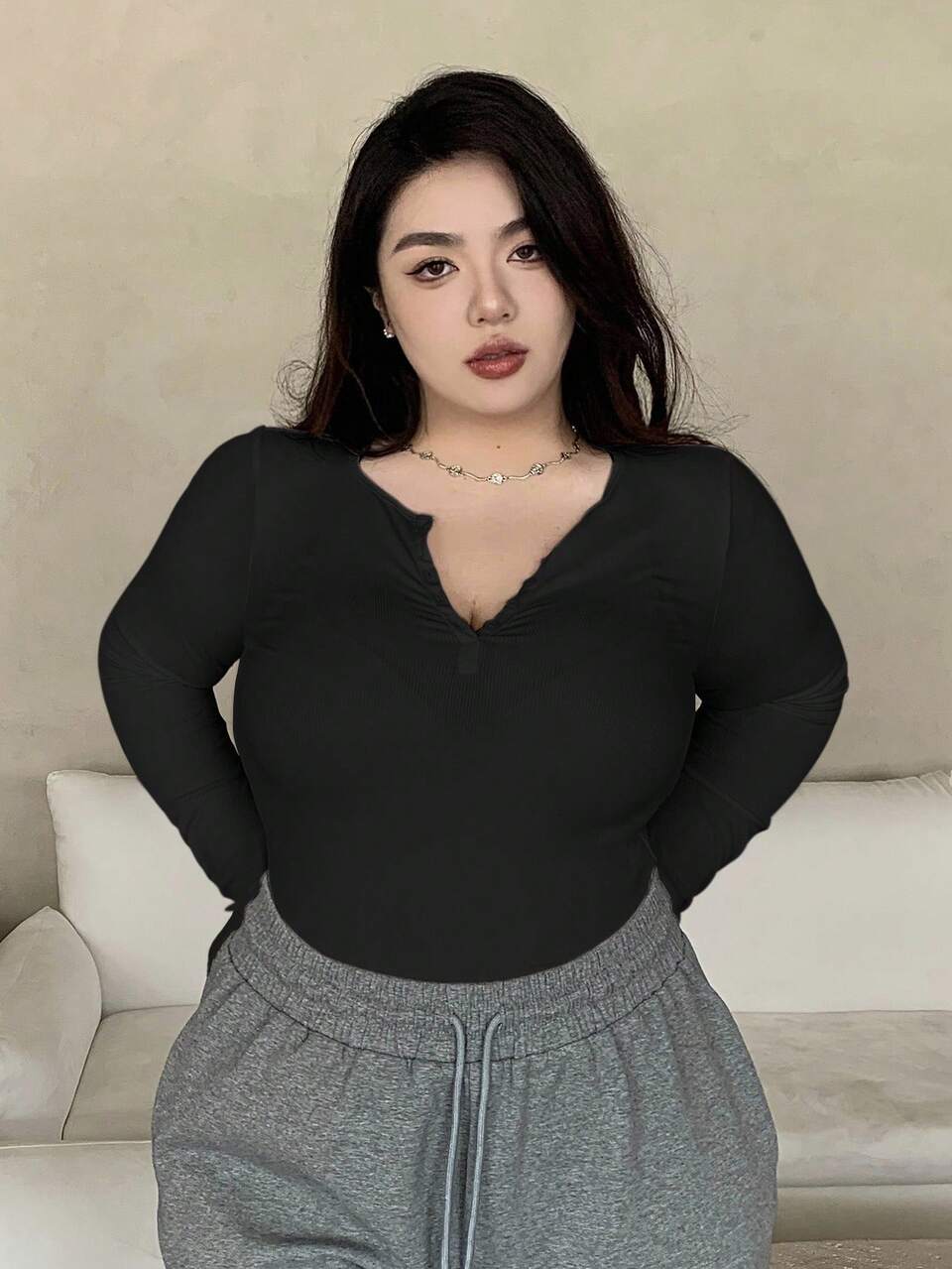 Dazy Plus Partial Zip-Up Elastic Fitted Solid Color Versatile Long Sleeve Black T-Shirt, Spring/Summer/Autumn