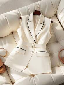 Regalyn سترة صيفية بياقة مدببة مع تريم متباين للمقاسات الكبيرة، بتصميم بسيط للتنقل