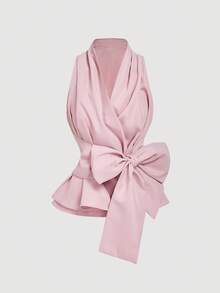 SHEIN X Belle Mariano SHEIN MOD 女士休闲V领蝴蝶结吊带上衣，粉色雪纺蝴蝶结上衣，适合婚礼派对，优雅无袖，柔软轻盈面料，裹身V领设计，芭蕾舞风格，低调奢华，浪漫聚会，婚礼宾客上衣，时尚夏季派对服饰 - 淺粉色 - 查看 1