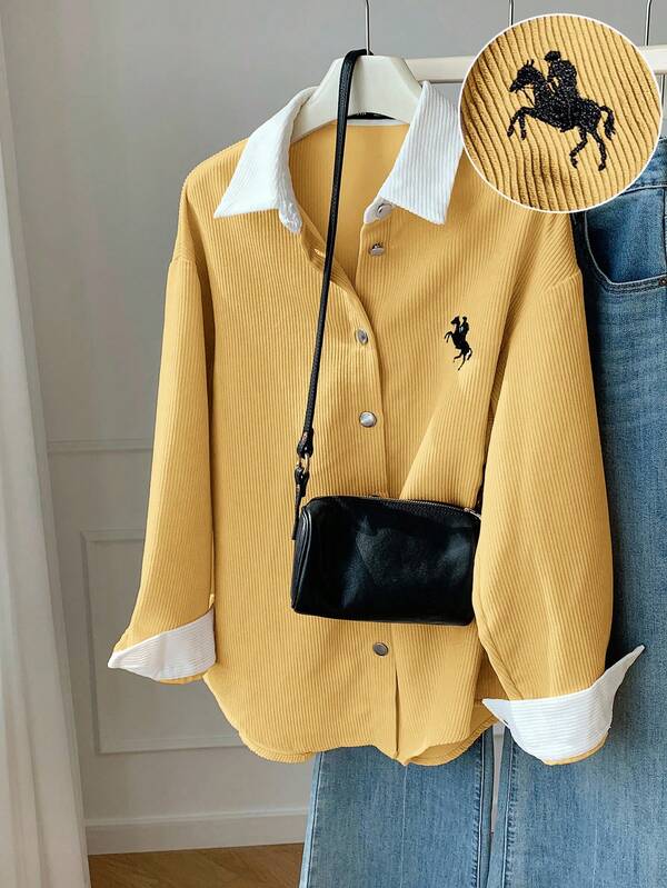 Comfortcana Damen Lässige Cord Jacke mit Stickerei und Kontrastfarbe, Drop-Shoulder, leicht, Herbst