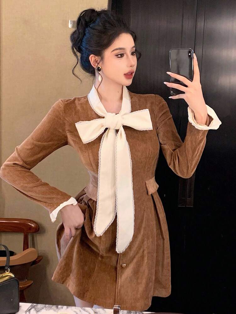 Elegant Contrast Color Ribbon Collar Mid-Length Dress For Women, Autumn