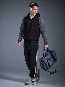 DRIFTMERE 休闲宽松运动裤，后袋设计，侧缝撞色条纹，舒适罗纹裤脚，春夏运动裤 - 黑色 - 查看 4