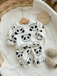 Set pigiama neonato bambina con stampa carina di panda, maniche lunghe, abbigliamento casual per autunno/inverno - Grigio - Visualizzare 8