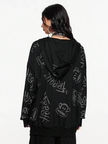 Paul Frank X ROMWE Áo hoodie cỡ lớn in logo toàn bộ đính đá Rhinestone trang trí phong cách đường phố - màu đen - Xem 4