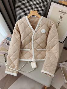 GlowEve CURVE Damen Große Größen Minimalistische 3D Blumen, Hahnentrittmuster Gepolsterter Mantel, geeignet für Alltag und Pendeln, Winter - Khaki - Übersicht 1