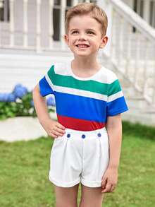 Joliand Joliand 2pcs Young Girl Elegant City Academic Colorful Striped Round Neck Short Sleeve T-Shirt And White Shorts Set,Summer Back To School Party Daily Wear - Multicolor - View 2