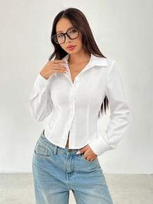 SHEIN EZwear Plus Size White Fitted Casual Shirt, Minimalist & Fashionable For Daily Wear - White - View 4