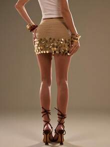 SHEIN BAE 女士亮片镂空奢华针织裙，休闲，裙子，海滩，度假，万圣节，乡村音乐会，度假，西部 - 駝色 - 查看 2