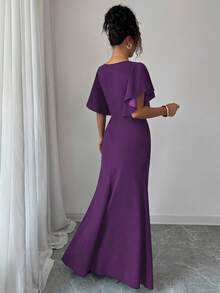 Elenzga Carnival Purple Ruffle Sleeve V-Neck Waist Fitted Mermaid Hem Elegant Romantic Women Dress, Teachers' Day - Purple - View 2