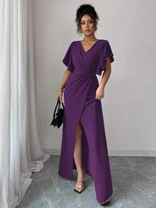 Elenzga Carnival Purple Ruffle Sleeve V-Neck Waist Fitted Mermaid Hem Elegant Romantic Women Dress, Teachers' Day - Purple - View 4