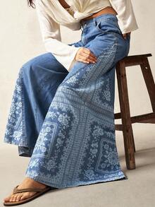 Bohemela Plus Size Women Floral Pattern Pocketed Wide Leg Casual Jeans, Back To School, Vintage, Fall Women Clothes - Blue - View 3