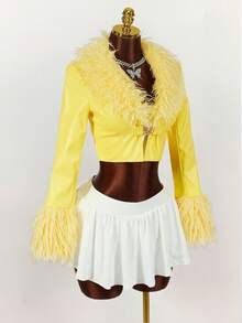 Y2K Amplova 女款卷毛翻领长袖皮草和皮革性感亮色飞行夹克，适合秋冬季派对和学校穿着 - 黃色 - 查看 3