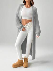 SHEIN PETITE 女士秋冬外出保暖开衫，秋季女装，时尚女装 - 灰色 - 查看 3