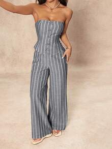 SHEIN PETITE 2pcs Women's Minimalist Striped Tube Top And Wide Leg Pants Set, Commuter Style, Summer - Dark Grey - View 6