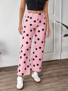 EMERY ROSE 女式波点图案直筒宽松休闲牛仔裤 - 粉色 - 查看 4