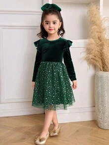 Vestido de fiesta, vestido de Navidad, estilo de palacio lujoso para niña joven con parches de terciopelo, malla brillante con estrellas - Verde - Ver 5