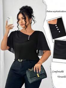 Elenzga Plus Size Asymmetrical Ruffle Collar Button Decor Short Sleeve Elegant Blouse - Black - View 6