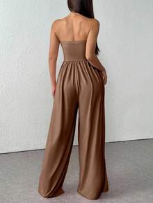 SHEIN Unity 休闲百褶宽松连体裤，四季皆宜 - 卡其色 - 查看 2