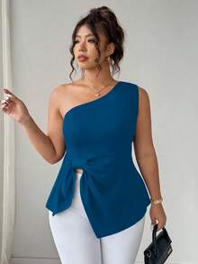 Elenzga توب كاميسول كاجوال بخصر مشدود وكتف غير متماثل مع زخرفة فيونكة مزيفة، مناسب للتنقل والخروجات - ازرق مخضر - مشاهدة 6