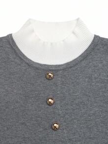 GlowEve Women's Elegant Contrast Trim Button Decor Long Sleeve Sweater, Autumn/Winter - Grey - View 3