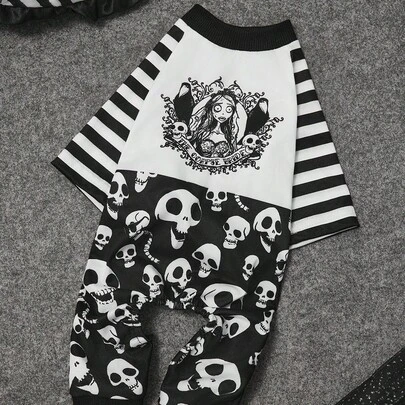 Corpse Bride X SHEIN 1 bộ đồ liền thân họa tiết hoạt hình cho thú cưng, đồ mặc ở nhà, đồ ngủ, trang phục cho mèo/chó, cỡ XXS-XXXXL, phong cách Gothic, tình yêu, thời đại Victoria