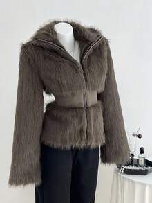 Elamini 棕色人造毛皮拼接腰部设计修身立领拉链长袖女式夹克 - 棕色 - 查看 1