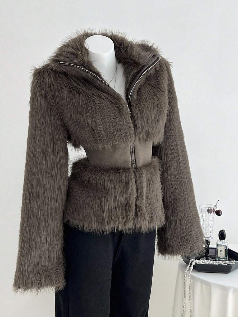 Elamini 棕色人造毛皮拼接腰部设计修身立领拉链长袖女式夹克 - 棕色 - 查看 1