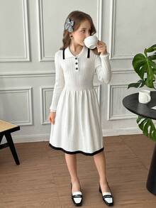 SHEIN Tween Girl Casual Fashion Versatile Cable Knit Contrast Trim Collared Long Sleeve Cinched Waist Sweater Dress, Suitable For Weekend, Casual Outing, Back To School, Suitable For Winter, Casual, Preppy, Cute & Casual & Vintage, Great For Autumn/Winter Casual, Daily Wear, School - White - View 8