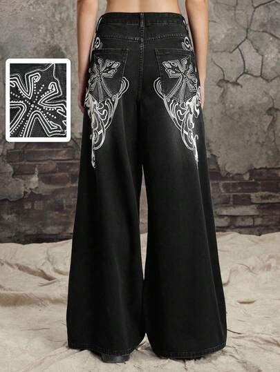 Grunge Punk Jeans droits extra longs avec imprimé croix et vigne délabrés de style punk